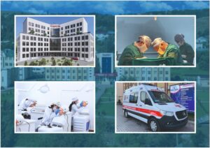 Collage showing ambulance service, surgeon at work, campus building, and dental facilities at Osh State University International Medical Faculty