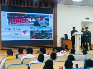 Medical student giving a lecture at Osh State University International Medical Faculty hall